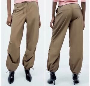 Zara Khaki Tan Parachute Pants Small Casual Slouchy Relaxed Fit Blogger Fave